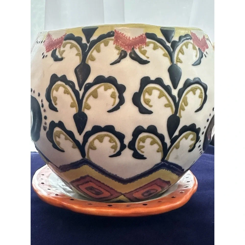 2 Ceramic Round Planters Multicolor Floral Pattern w/ Saucers Drainage Holes